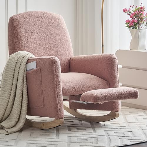 Image of Modern Rocking Chair Nursery, Comfy Glider Nursery Chair with Foot Rest, Upholstered Rocker with Pocket, Accent Reading Armchair with Solid Wood Base for Living Room, Bedroom, Lounge Room (Pink)