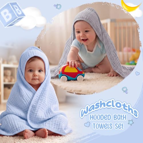 Image of Breling 12 Pcs Muslin Hooded Baby Bath Towel Set, Light Blue Series