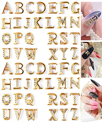 52pcs 3D Metal Rhinetone Words Character Capital English Letters Nail Stud Nail Art Rhinetone for Craft Nail DIY Designs (Gold)
