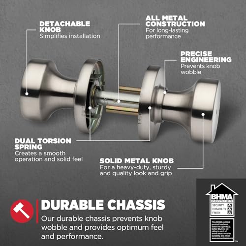 Image of Kwikset Pismo Interior Privacy Door Knob with Lock, Door Handle for Bathroom and Bedroom, Satin Nickel Keyless Turn Lock Doorknob, with Microban Protection (Pack of 4)