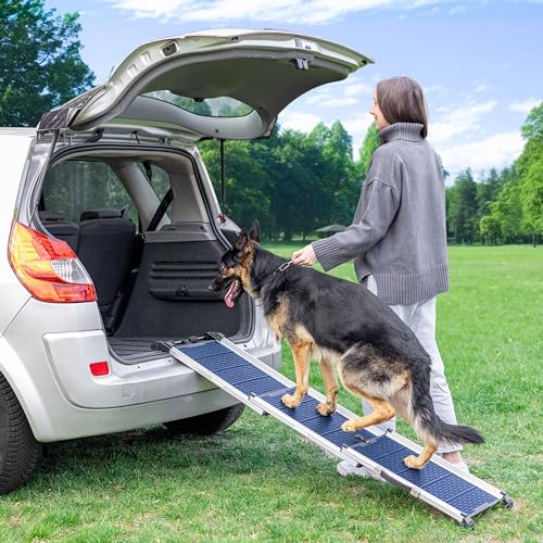 Hunderampe Auto Klappbar- Teleskop Alu Rampe für große Hunde - Stabile Hundetreppe Auto & SUV - rutschfest - Reflektierende Seiten - Hundeleiter Auto - 90kg Belastbarkeit - Befestigungsclip - Blau