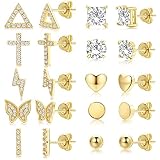 10 Pairs Gold Cross Stud Earrings Set for Women, 14K Gold Plated Hypoallergenic Cubic Zirconia Trian