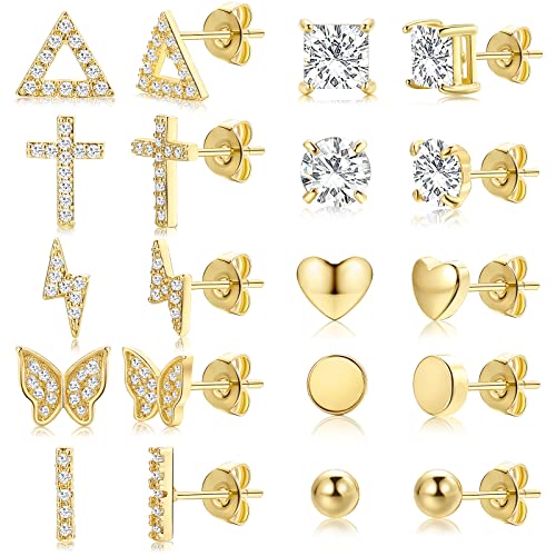 10 Pairs Gold Cross Stud Earrings Set For Women, 14K Gold Plated Hypoallergenic Cubic Zirconia Triangle/Heat/Bar Studs Earrings For Gifts (Gold) #TOP8