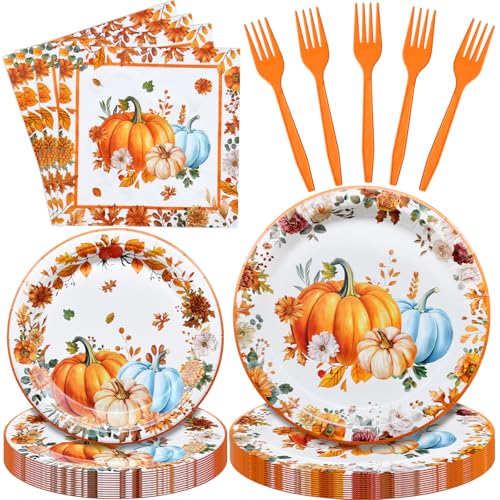 96 Pieces Thanksgiving Pumpkin Tableware Set Rustic Sunflower and Pumpkin Disposable Plates Napkins and Forks for Fall Dinners Friendsgiving Harvest Parties Serves 24 Guests