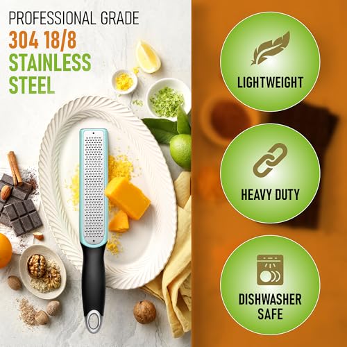 Image of Spring Chef Premium Lemon Zester Grater with Handle - Fruit, Lime, Orange, Nutmeg, Garlic Grater - Heavy Duty Kitchen Tool - Stainless Steel Citrus Zester with Blade Cover - Fine Shred - Mint /Black