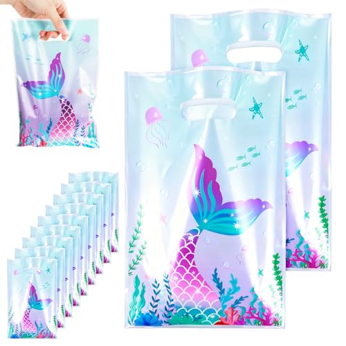 50 Pcs Mermaid Goodie Bags Gift Bags for Christmas Party Favor Plastic Gifts Mermaid Tail Treat Bag with Handles for Girls Kids Birthday Party Supplies Baby Shower Return Gifts Thank You Gift Bag