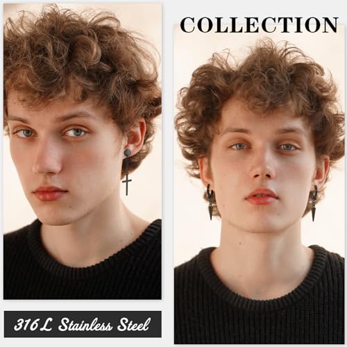 Black Earrings for Men, 15 Pairs Stainless Steel Men Earrings Set Hypoallergenic Cross Dangle Hoop Stud Earrings Piercing Jewelry3