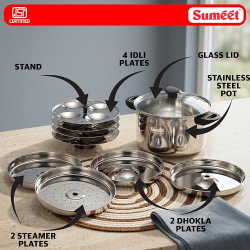 Image of Sumeet ISI Certified Stainless Steel Steamer Pot with Glass Lid, 4 LTR | Induction & Gas Compatible Multipurpose Pot, Includes 4 Idli Plates, 2 Dhokla /Patra, 2 Momo /Modak, Heavy Bottom, Stackable