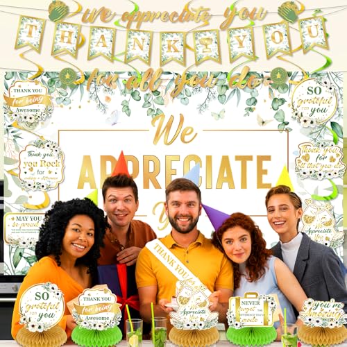 Image of We Appreciate You Party Decorations Sage Green Gold Thank You for All You Do Banner Honeycomb Centerpieces Hanging Swirls Kit for Office Employee Pastor Teacher Doctor Appreciation Party Gift Decor