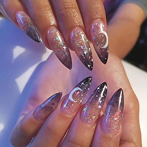 RikView Halloween Press on Nails Long Acrylic Nails Almond Fake Nails Halloween Nails with Design (Bling Star)