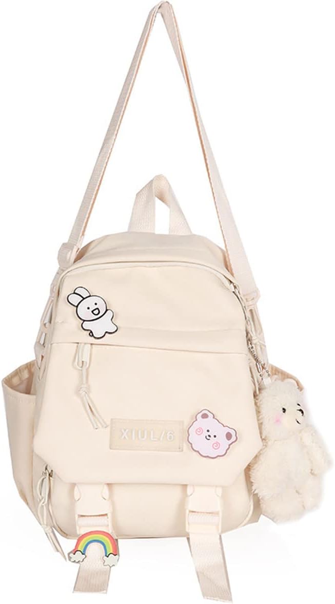 Eagerrich Cute Mini Backpack with Cute Pin Accessories Plush Pendant for School (White)