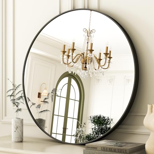 Image of EASLY 24 Inch Round Mirror, Black Metal Frame Wall Mirror for Bathroom