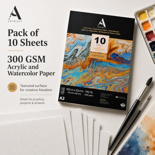 Image of ArtRight Artists' Acrylic Paper (A2 Pack of 10 Sheets, 300 GSM); 300 GSM Handmade Sheets for Gouache & Acrylic Media Papers