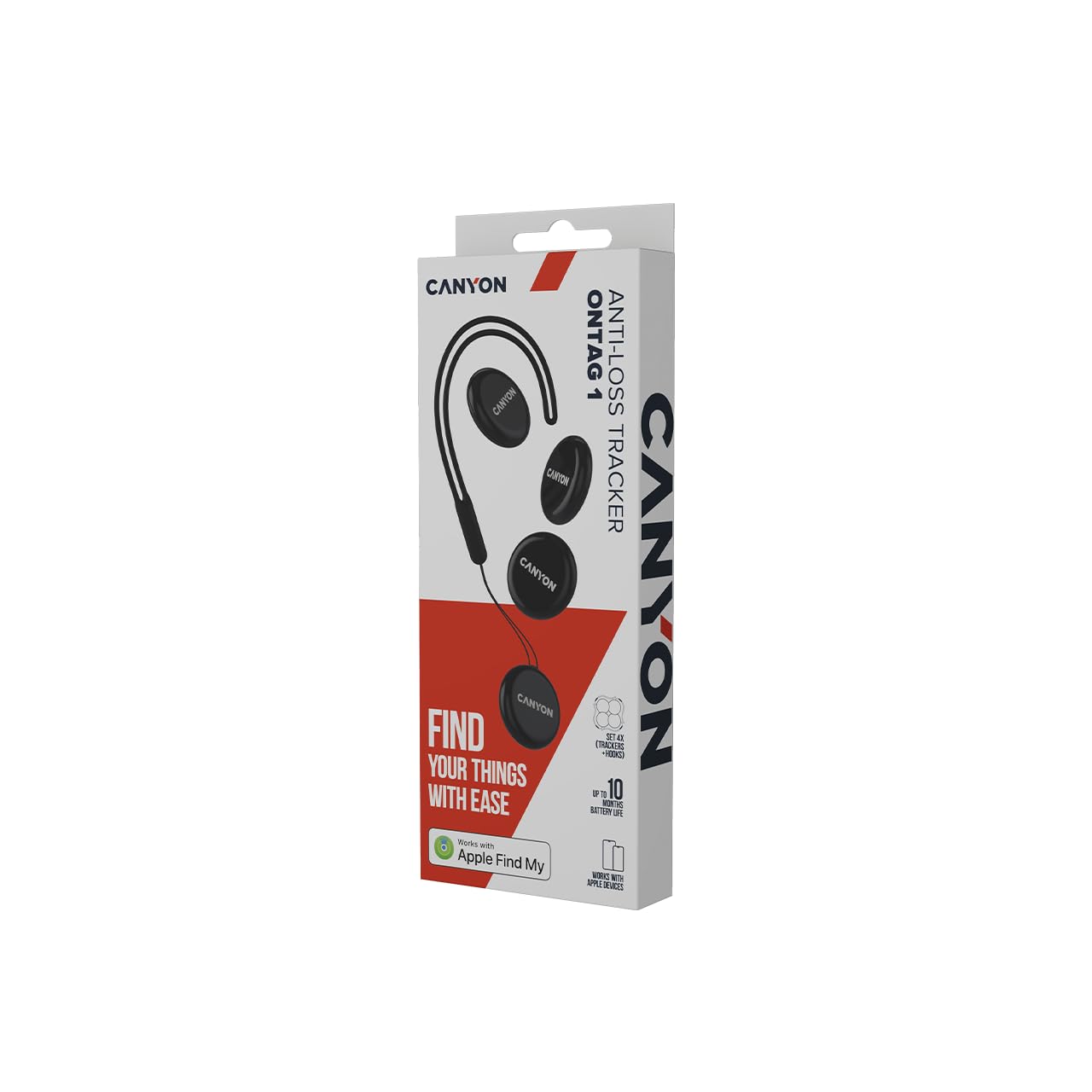 CANYON Smart Tag OnTag 1 Lot de 4 trackers d'articles Bluetooth, certifié Apple Find My, compatible iOS 14.5+, étanche IP66, noir
