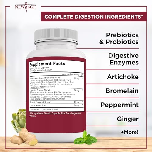 Image of NEW AGE Digestive Enzymes for Gut Health - Probiotic Multi Enzymes with Prebiotics and Probiotics with Lipase for Women and Men for Digestive Health, Daily Enzymes for Digestion - 120 Count