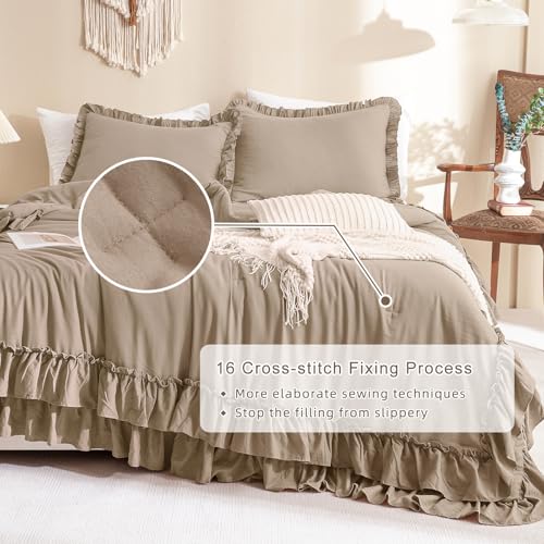 Image of QSH Ruffled Comforter Set King Size,3PCs Light Taupe Shabby Boho Chic Bedding Comforter Sets King, Ultra Soft Farmhouse Lightweight Microfiber Inner Fill Bed Comforter Set