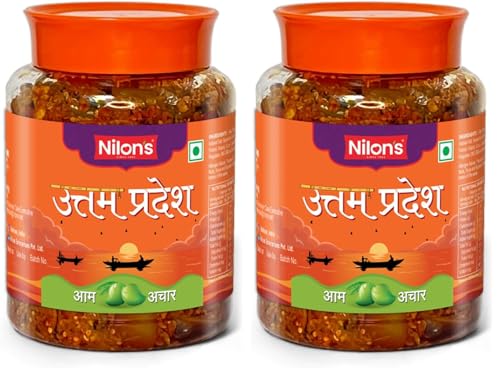 Image of Nilon's Uttam Pradesh Mango Pickle (500g) Homemade Aam Ka Aachar | Spicy & Tangy Pickle in Authentic UP Style with Raw Mango, Mustard Oil & Spices Mixed with No Added Artificial Colour (Pack of 2)