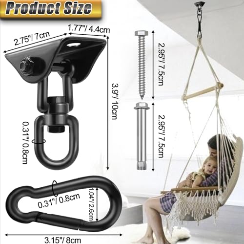 Hammock Hanging Kit, Hanging Chair Hardware 360° Swivel 1200 lb Capacity, Porch Swing Mounting Hardware, Hammock Chair Hanging Kit for Boxing Bag, Tree Gym (Black) - Thumbnail 4