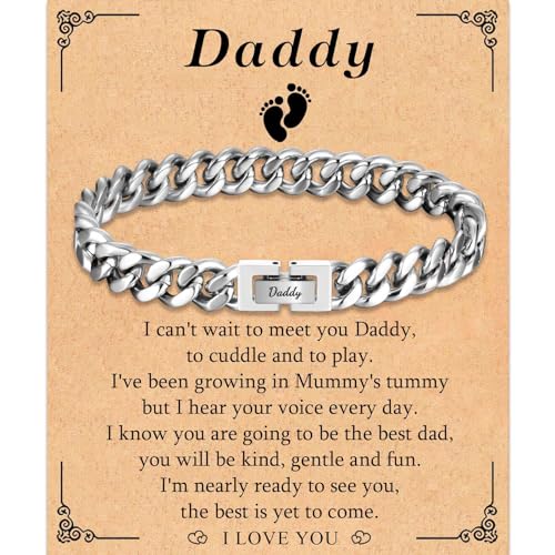 TEVOP Daddy Gifts, Engraved Bracelet Daddy Gifts for Men, Cuban Chain Bracelet Dad to Be Gift from Bump, Gift for New Dad Birthday Christmas Fathers Day