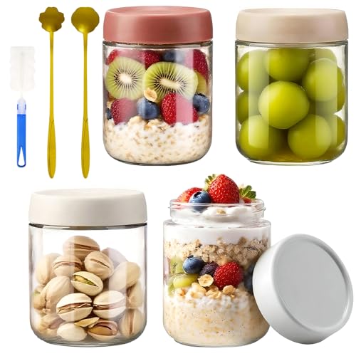 Priksia 4-Pack Glass Storage Jars with Lids – Ideal Overnight Oats Containers for Cereals, Milk, Fruit, Sauces, and Snacks
