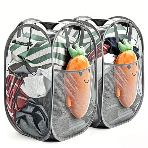Image of HOUSE AGAIN 2Pack Strong Mesh Pop Up Laundry Hamper, 70L Collapsible Laundry Basket with Steel Frame, Double‑Stitched Handles & Side Pocket, Foldable Dirty Clothes Hamper for Dorm, Bedroom, Grey