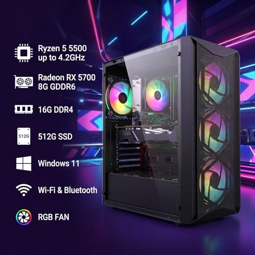 Image of STGAubron Gaming PC Computer Desktop, AMD Ryzen 5 5500 up to 4.2GHz, Radeon RX 5700 8G, 16G DDR4, 512G SSD, WiFi 6 5G & BT 5.2, RGB Fan x4, Windows 11 Home