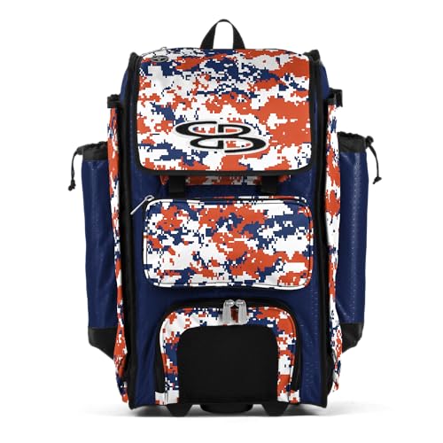 Boombah Rolling Catchers Superpack Baseball/Softball Gear Bag - PS-9124-3000C23 Digital Camo Royal/Orange- Telescopic Handle and Holds 4 Bats - Wheeled Version