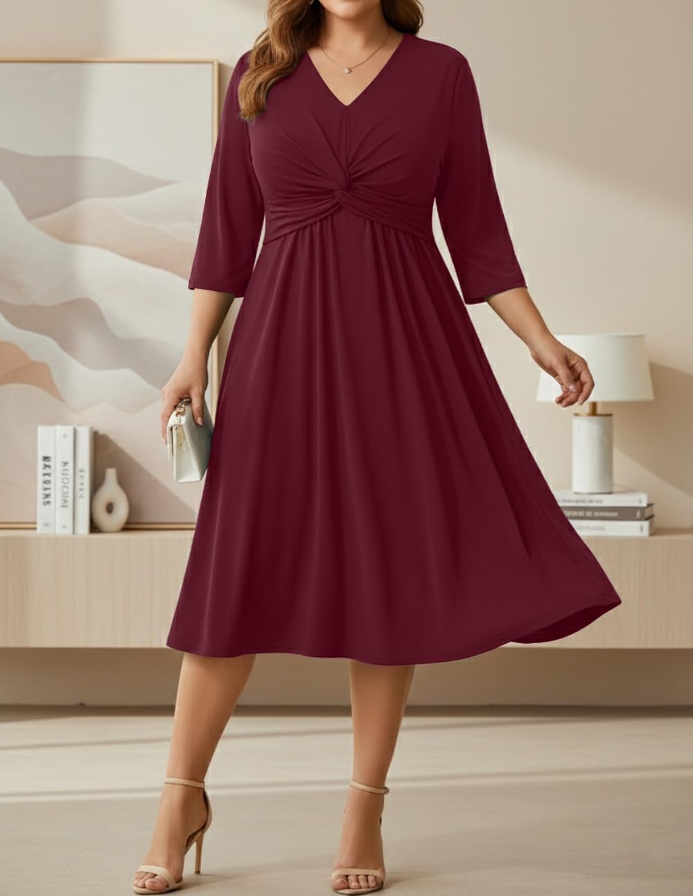 Plus Size Dress for Women Twist Knot V Neck 3/4 Sleeves A Line Wedding Guest Midi Dresses - Image 2