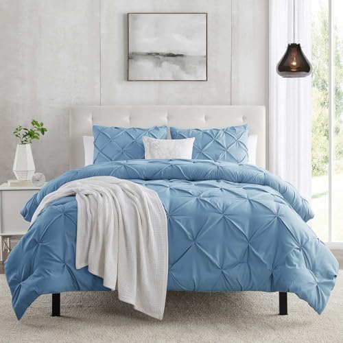 Duvet Cover Queen Size 3 Piece Pintuck Comforter Cover - 1 Duvet Cover 90x90 Button Closure with 2 Pillow Shams - Ultra Soft Microfiber Bedding Pinch Pleated Queen Duvet Cover Set, Blue Heaven