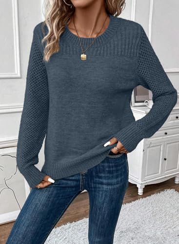 Image of EVALESS Womens Sweaters Casual Long Sleeve Crewneck Knit Lightweight Hollow Out Crochet Sweater Pullover Tops