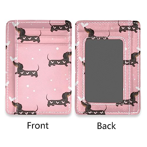 OTVEE Dachshund Dogs on Pink Slim Minimalist Wallet Rfid Blocking Card Wallets PU Leather Front Pocket Wallets2
