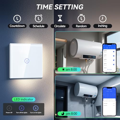 BSEED 40A Smart Wasserheizungsschalter, Wassererhitzerschalter mit Amazon Alexa and Google Home, intelligenter Heizungsschalter mit Glas Touchscreen Weiß (Nullleiter erforderlich)