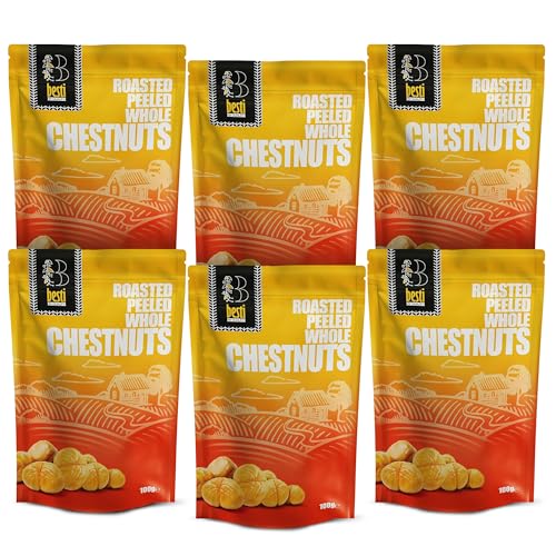 Besti Roasted Chestnuts - Pack of 6 x 100G Roasted Peeled Whole Chestnuts - Ideal Pick-me-Up Plant-Based Gluten-Free Vegan and Kosher Pub Snacks - Great for Snacking Baking and Turkey Stuffing