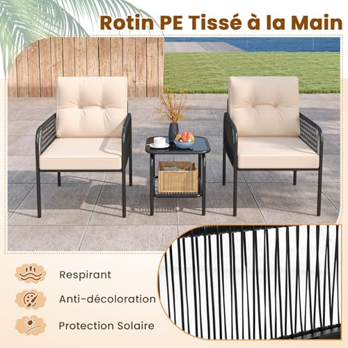 GYMAX Fauteuil et Table Basse pour 2 Personnes, SalonJardin Extérieur 3 Pièces avec Coussins de Dossier et d'Assise, Chaise en Rotin PE, Table en Verre Trempé, pour Patio, Balcon, Terrasse – Image 5