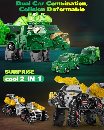 Image of Yivsen Collision Transforming Dinosaur Car Toy, 2 in 1 Magnetic Cars Transform into Dinosaur Toys, Car Crash Dino Robot Toy for Kids, Ideal Birthday Party Gift Toys for Kids Boys Girls, Black Green