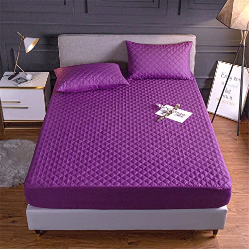 Quilted Waterproof Mattress Protector King Size,Microfiber Quilted Bed Sheet,35cm Extra Deep Mattress Cover/Topper (Purple, King)