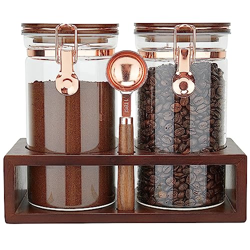Comparison: Best Coffee Bean Container 10 SIQOLNY Glass Coffee Container with Wooden Shelf, 2 x 40 FLOZ Coffee Bean Storage with Sealed Closure Clips and Copper Spoon, Kitchen Large Capacity Food Storage Jar, Ground Coffee Container