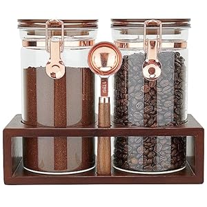 Glass Coffee Container with Wooden Shelf, 2 x 40 FLOZ Coffee Bean Storage with Sealed Closure Clips and Copper Spoon, Kitchen Large Capacity Food Storage Jar, Ground Coffee Container