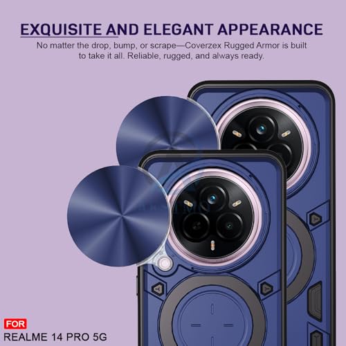 Image of AESTMO Armor Realme 14 Pro 5G Bumper Back Case Cover | Ring Holder & CD Pattern Sliding Camera Shutter Cover | Back Case Cover for Realme 14 Pro 5G (Blue)