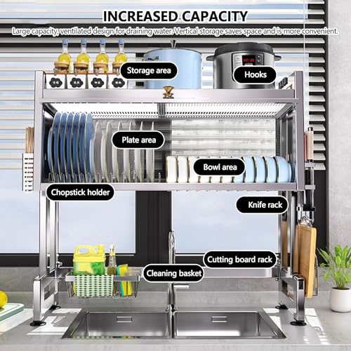 Estante para platos para fregadero, organizador de encimera de cocina ajustable que ahorra espacio para platos, cuencos y suministros de limpieza, resistente al óxido, fácil de instalar, diseño