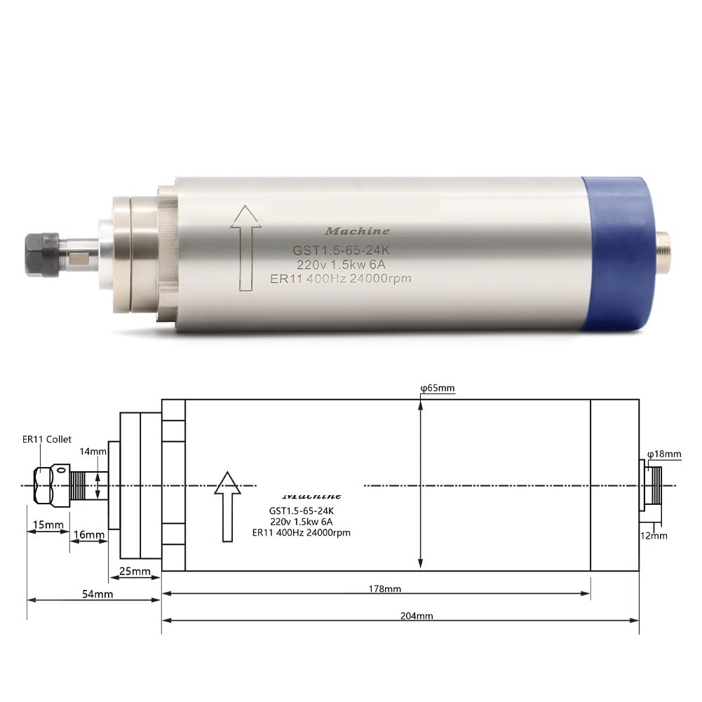 Husillo refrigerado por aire ER11 de 1,5 kW Refrigeración por aire de 24000 rpm 400 Hz 4 rodamientos Inversor H100 de 65 mm y 1,5 kW y soporte de 65 mm(110v)