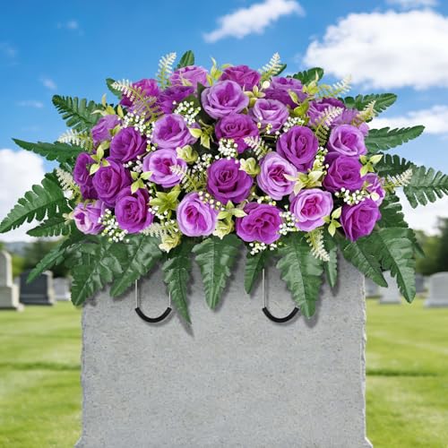 ICX Cemetery Flowers for Grave Saddle, Artificial Rose Memorial Flowers, Headstone Flower Saddle, Cemetery Memorial Flowers for Outdoor Tombstone Decorations for Remberance (Purple image 2