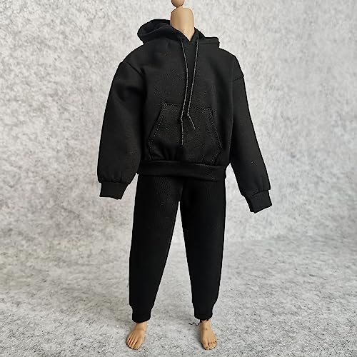 1/6 Custom Scale Man Hoodie + Trousers Pant Outfit for 12' Male Action Figure Doll Clothes (Black Hoodie + Black Pant)
