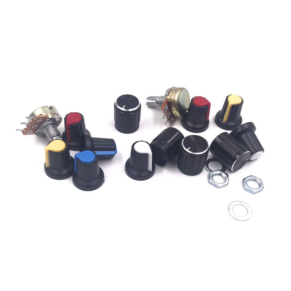 Potenciómetro B5K B10K B20K B50K B100K Ohm, Kit de Potenciómetros Lineal Cónico Rotativo, 3 Terminales B-Tipo Estéreo Audio con Perilla
