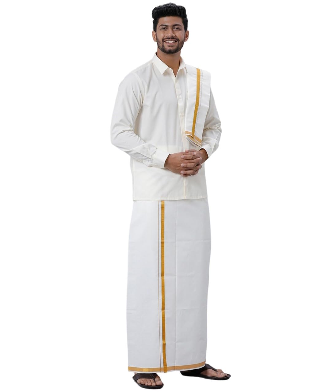 full sleeve shirt and 3/4 inch gold jari border Cream dhoti for men with Towel