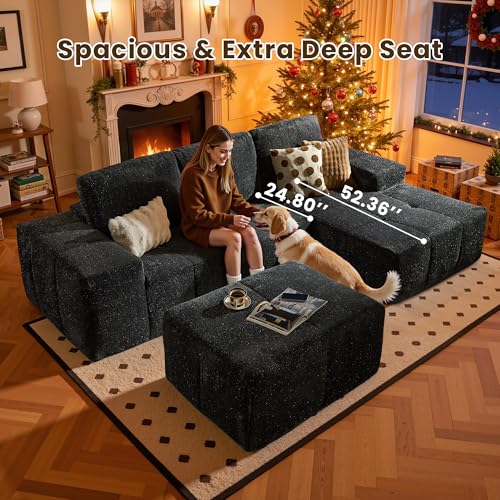 Image of 114 inch Glitter Cloud Sectional Couch with L-Shape Chaise & Ottoman, Modern Boneless Couches for Living Room, Fluffy Tufted Deep Seat Modular Sofa No Assembly (Gray Sparkly Velvet,Right Facing)