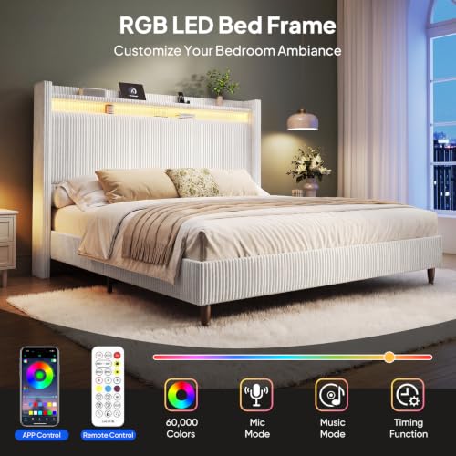 Image of Queen Size Bed Frame with 55.3 inch Tall Headboard, Corduroy Upholstered,Cream