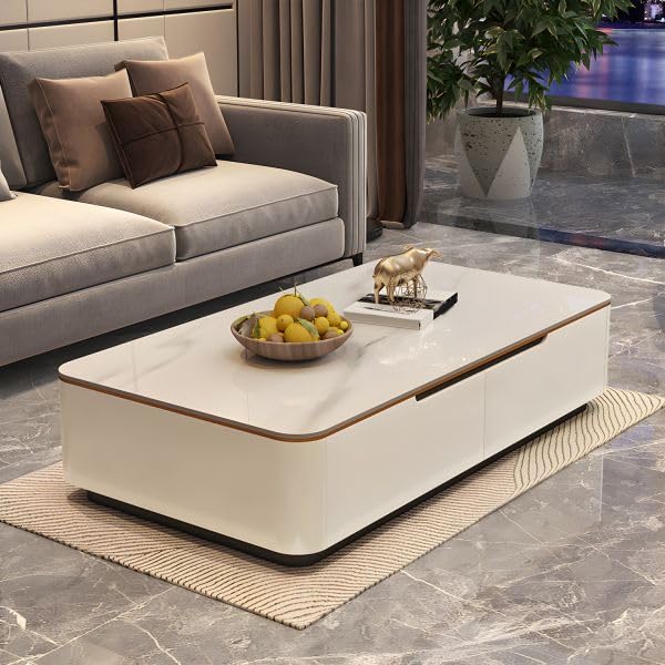 Image of WOODEN SPACE Jaguar Modern Marble Top Coffee Table with Storage | 47.24 Inch Rectangular Centre Table for Living Room | High Gloss Finish (White)