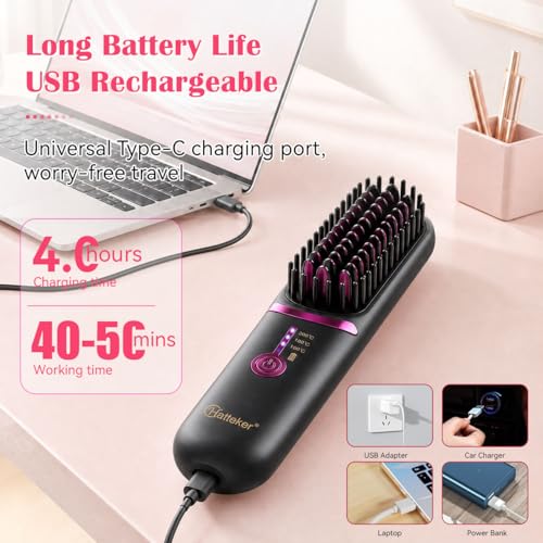 Image of Hatteker Cordless Hair Straightener Brush, Portable Hair Brush for Travel | Straightening Brush Cordless with 3 Temperature Settings, Mini Ionic Hot Comb Straightener for Women (Black)