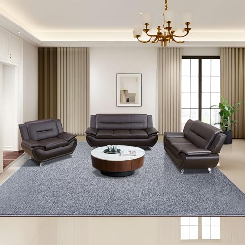 Image of Leather Sectional Couch Set, Living Room Furnishings, 3 - Piece Couch Set, Faux Leather Modern Sectional Couch Loveseat Chair Set with Sturdy Legs for Living Room /Bedroom /Office,Brown